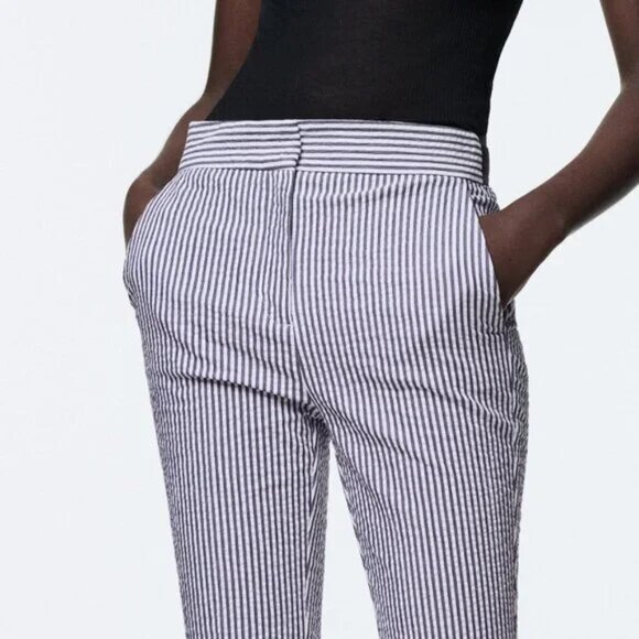 ZARA PANTS elastic waist Sz M COTTON BLUE & WHITE STRIPES PREPPY NAUTICAL NWT ! - Picture 2 of 12
